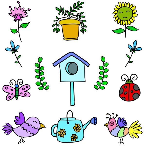 Doodle de artículos coloridos de primavera — Vector de stock