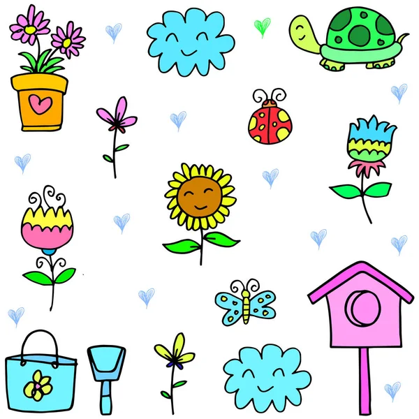 Arte vetorial de itens de primavera definir doodles — Vetor de Stock