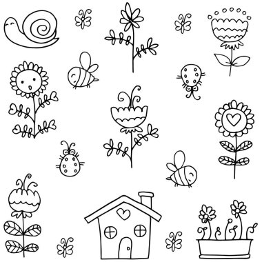 Doodle bahar madde böcek çiçek
