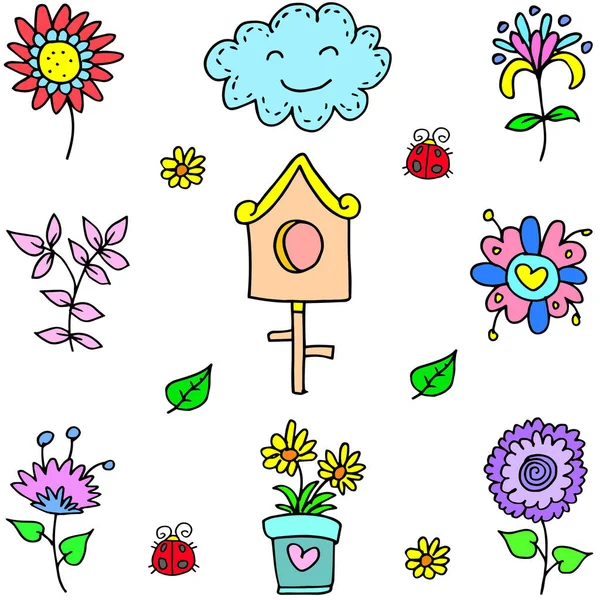 Doodle de objeto conjunto de primavera — Vector de stock