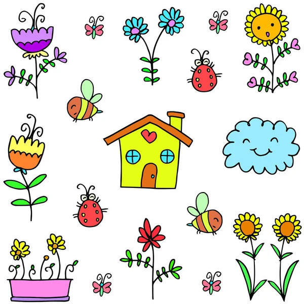 Ilustración de doodles coloridos de primavera artículo — Vector de stock
