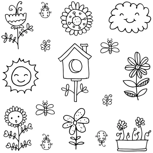 Doodle van de lente instellen zwart wit — Stockvector