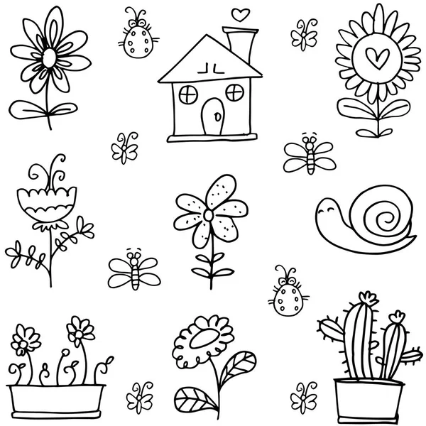 Doodle de primavera com flor de casa —  Vetores de Stock