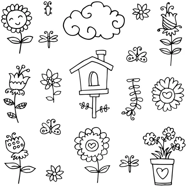 Doodle del tema de flores de hoja de primavera — Vector de stock