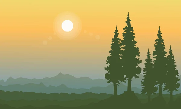 Cielo naranja paisaje con abeto en la colina — Vector de stock