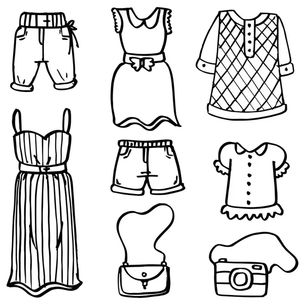 Doodle de roupas de menina e acessórios — Vetor de Stock