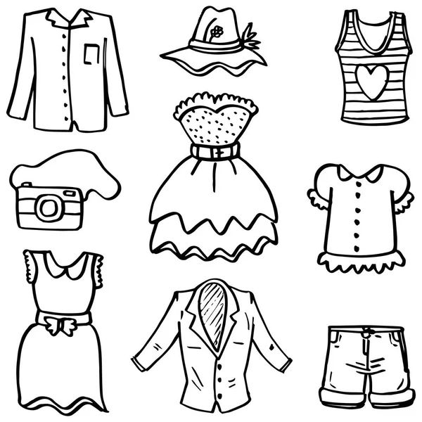 Doodle de mujeres moda ropa mano dibujar — Vector de stock