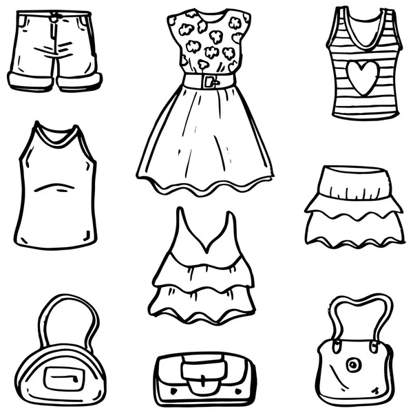 Doodle de roupas e mulheres coleção saco —  Vetores de Stock