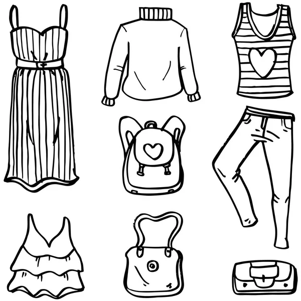 Doodle conjunto de mujeres ropa objeto — Vector de stock