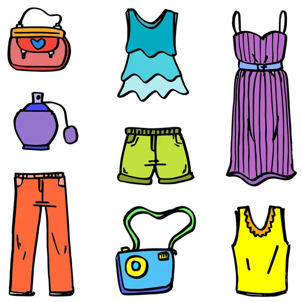 Doodle de ropa de estilo diverso para chica — Vector de stock