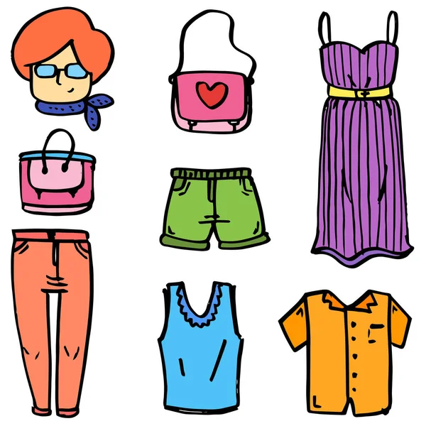 Doodle kvinnor tillbehör och kläder — Stock vektor