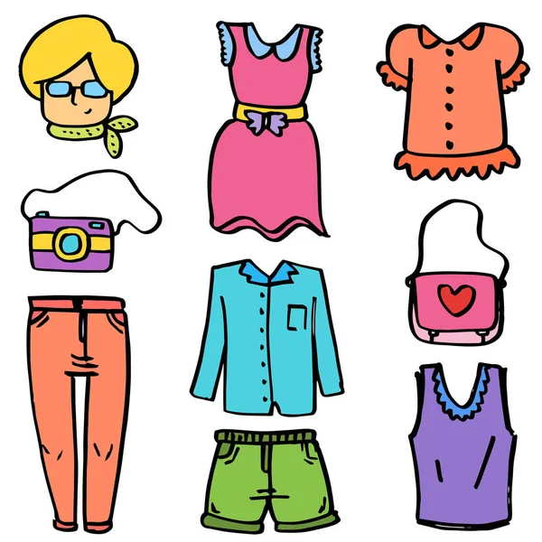 Collection of women clothes set doodles — Stock Vector