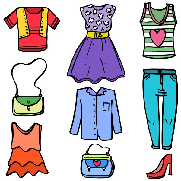 Doodle de las mujeres ropa conjunto de objetos — Archivo Imágenes Vectoriales