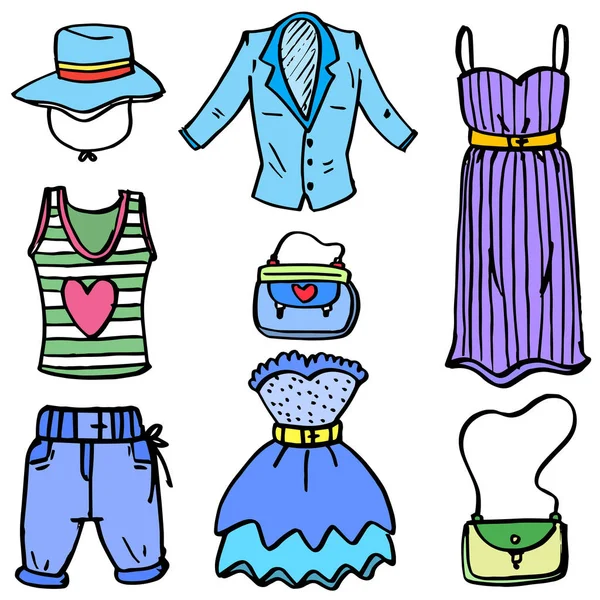 Collection of women clothes set doodles — Stock Vector