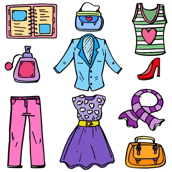 Doodle de mulheres roupas conjunto de objetos —  Vetores de Stock