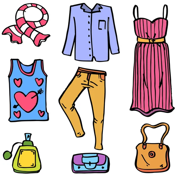 Női ruhák és kiegészítők a doodles — Stock Vector