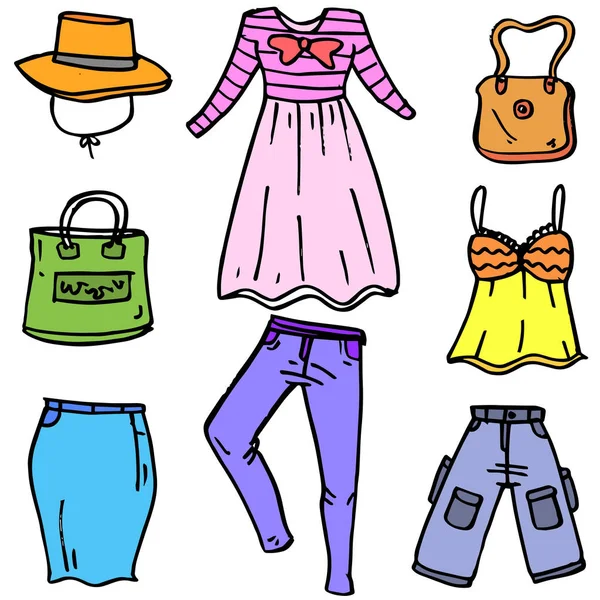 Damenkleidung und Accessoires aus Kritzeleien — Stockvektor