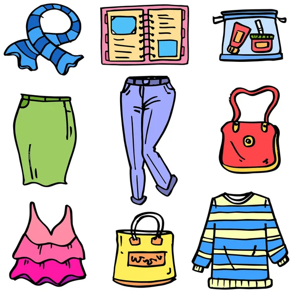 Ilustracja wektorowa kobiety ubrania ustawić doodles — Wektor stockowy