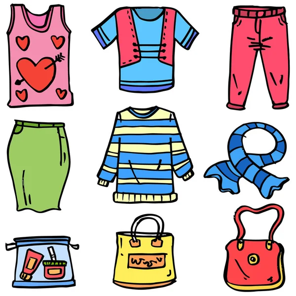 Doodle készlet ruhák és női táska — Stock Vector
