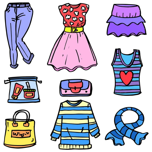 Doodle de las mujeres conjunto de ropa objeto — Vector de stock