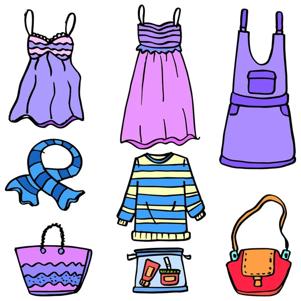 Doodle a nők ruházat, táska és kiegészítők — Stock Vector