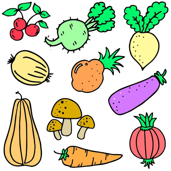 Doodle de desenho animado de design de conjunto de vegetais — Vetor de Stock