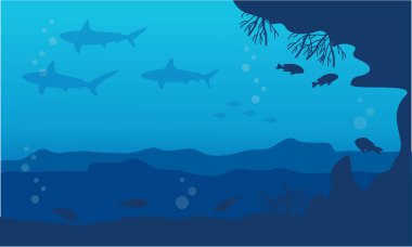 Köpekbalığı ve resif sualtı manzara siluet