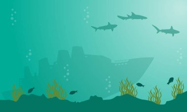 Gemi ve köpekbalığı sualtı siluetleri peyzaj