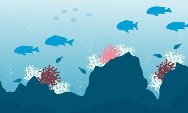 Silhouette di oceano beaty con pesce e paesaggio della barriera corallina — Vettoriale Stock