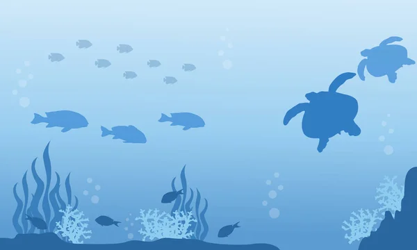 Silhouette del paesaggio subacqueo di pesci e tartarughe — Vettoriale Stock