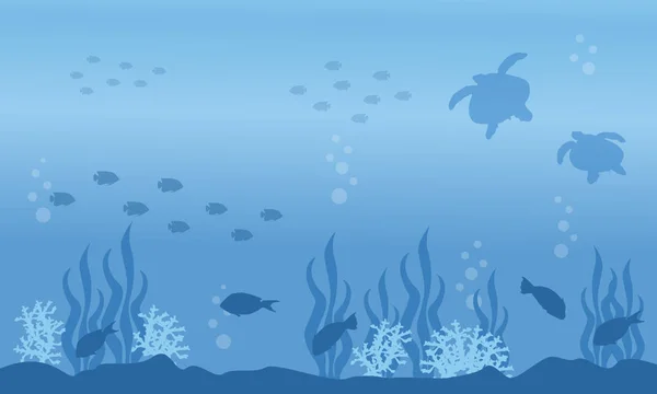 Τοπίο της χελώνας και τα ψάρια στη θάλασσα σιλουέτες — Διανυσματικό Αρχείο