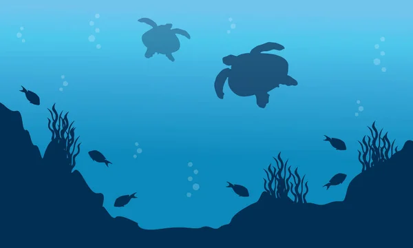 Paesaggio di pesci e tartarughe silhouette — Vettoriale Stock