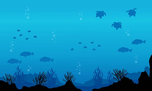 Silueta de peces varios paisajes submarinos — Vector de stock