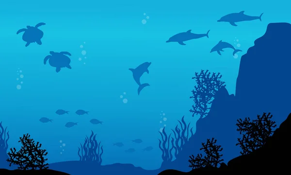 На морі з дельфіновою рибою та пейзажем черепах — стоковий вектор
