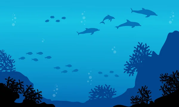 Silueta de peces y delfines paisaje — Vector de stock