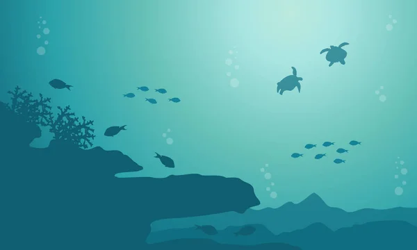 Silhouette von Fischen und Korallenriffen auf Meereslandschaft — Stockvektor