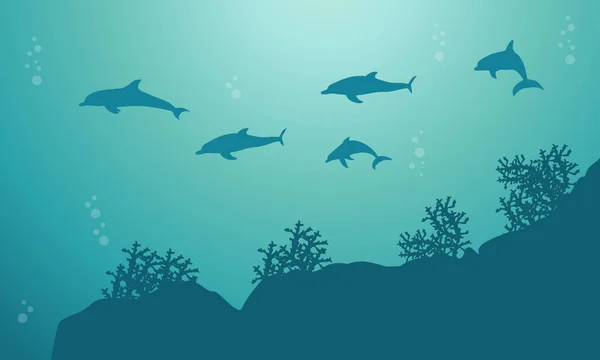 Silueta de delfín en el paisaje marino — Vector de stock