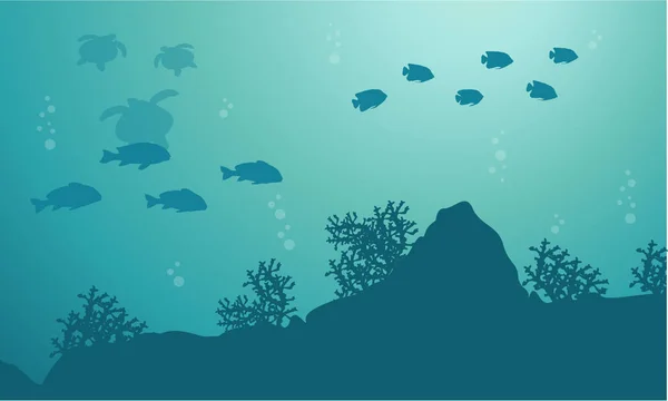 Silhouette del paesaggio marino di pesci e tartarughe — Vettoriale Stock