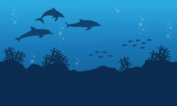 Paisaje oceánico con delfines y peces — Vector de stock