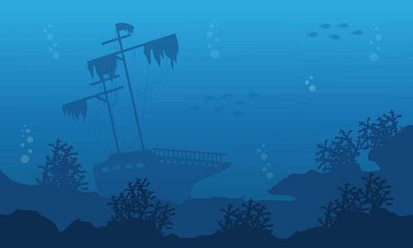 Silhouette of underwater with ship and fish landscape