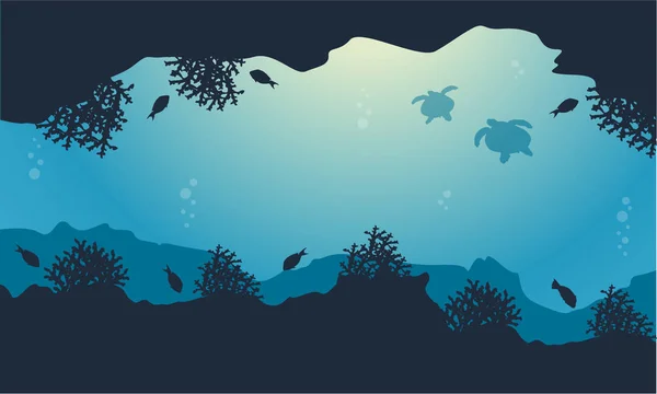 Silueta de peces y tortuga belleza paisaje — Vector de stock