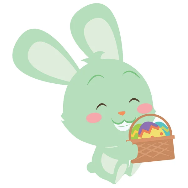 Conejito verde con huevo en tema de Pascua cesta — Vector de stock