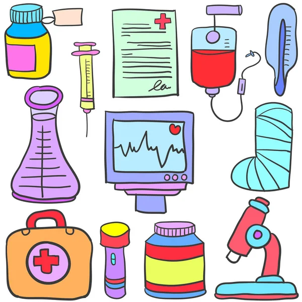 Doodle de design de conjunto de objetos médicos — Vetor de Stock