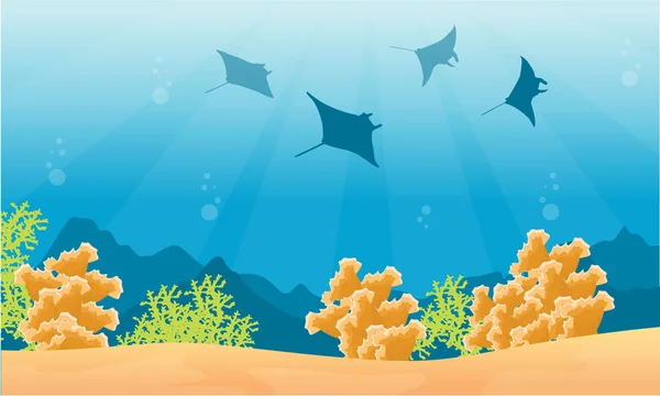 Siluet ikan pari di laut dengan terumbu karang - Stok Vektor