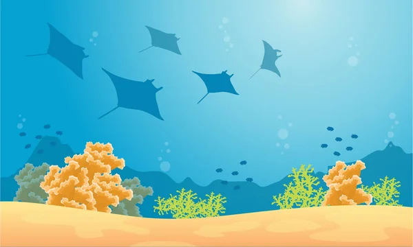 Silhouette di stingray e pesce paesaggio marino — Vettoriale Stock