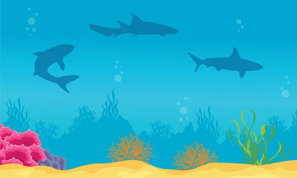Пейзаж океана с рифом и силуэтами акул — стоковый вектор