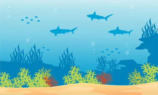 Silhouette dello sfondo dello squalo sott'acqua — Vettoriale Stock