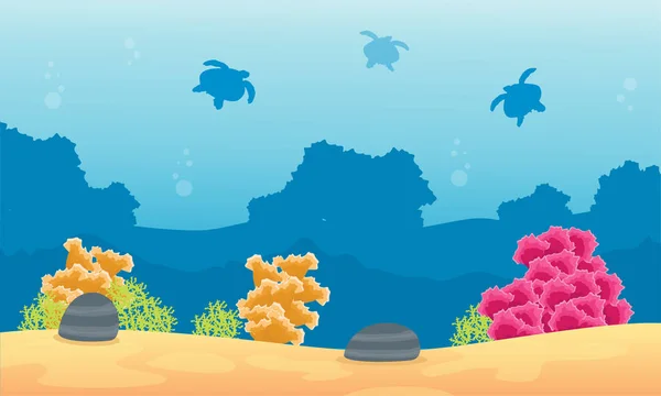 Silhouet van koraalrif met schildpad silhouetten — Stockvector