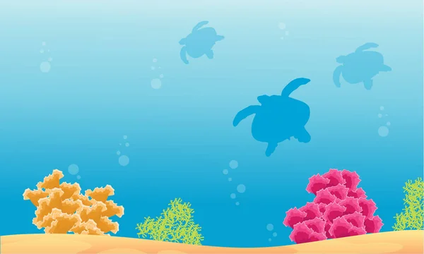 Silhouette di tartaruga con paesaggio di bellezza barriera corallina — Vettoriale Stock