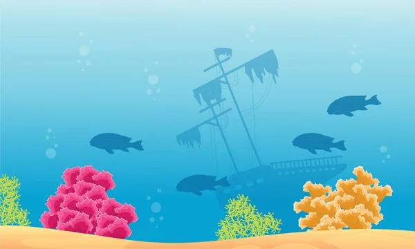 Paesaggio sottomarino con nave e barriera corallina — Vettoriale Stock